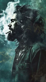 Side-profile male smoker rendered in textured teal haze