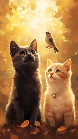 Two Feline Philosophers Watch a Songbird Rise.