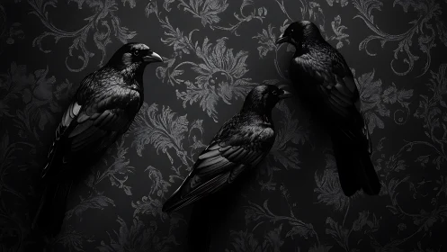 Triangular formation of glossy crows on baroque damask wall