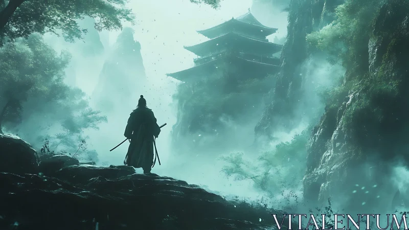 Lone samurai approaching misty mountain temple at dawn.