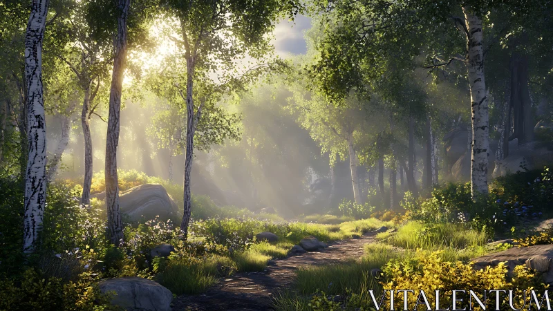 Sunlit forest path through birch and evergreen woodland.