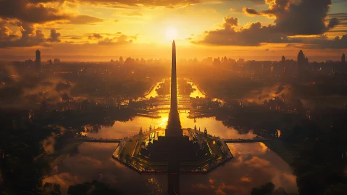 Symmetrical river city skyline with central obelisk at dusk.