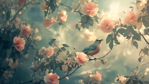 Soft morning songbird rests among dreamy garden blooms