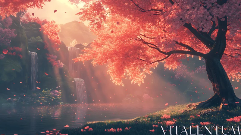 Pink blossom tree beside calm lake with distant waterfalls.