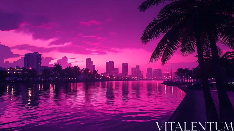 Neon tide kisses the city skyline under electric magenta