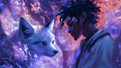 Silent dusk pact glows between dreamer and spectral fox