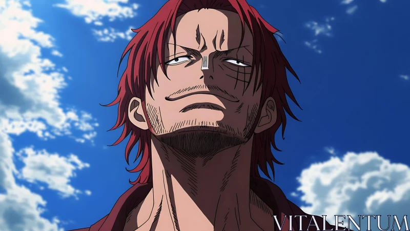 Red haired anime male with scars under blue sky background.