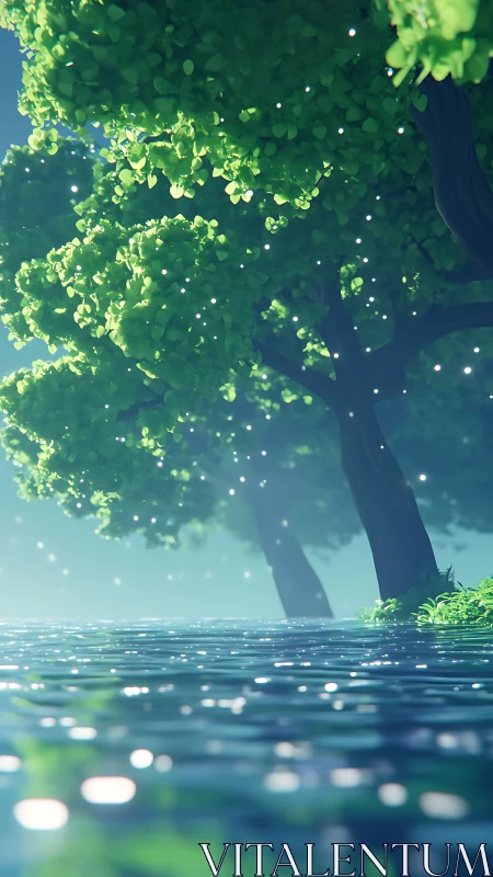 Shallow Water Beneath Luminous Canopy with Bokeh Effect