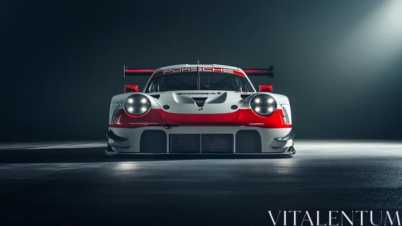 Racing Porsche front view radiates power on dark track.