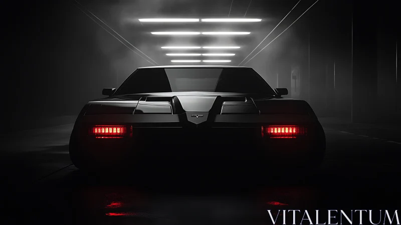 Retro supercar idles in moody neon tunnel darkness.