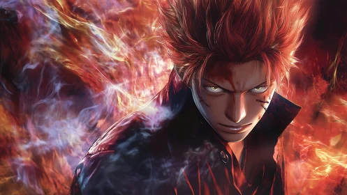 Red haired anime figure amid dense red and orange flames.
