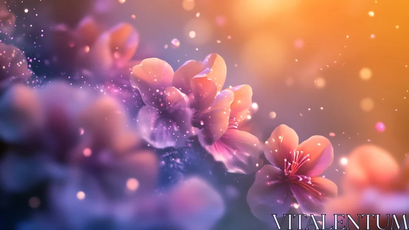 Luminous Flowers with Glowing Particles in Warm Light