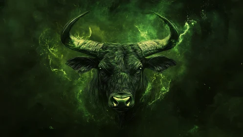 Green-toned stylized bull head on dark abstract background.
