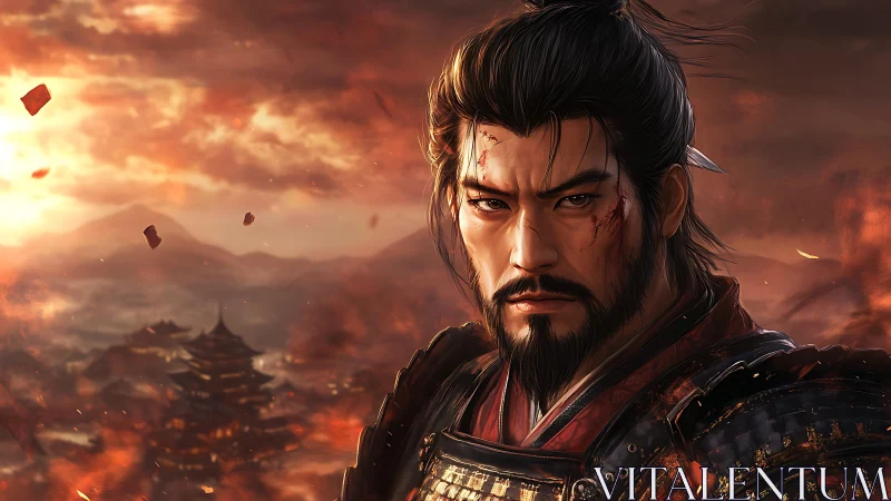 Wounded samurai warrior before burning mountain fortress.