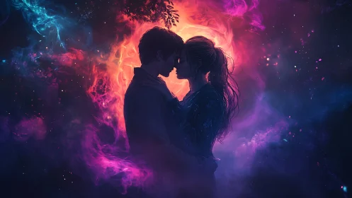 Silhouetted Couple Kissing Within Cosmic Energy Explosion