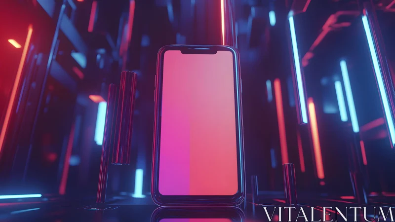 Futuristic smartphone display in neon-lit digital environment.