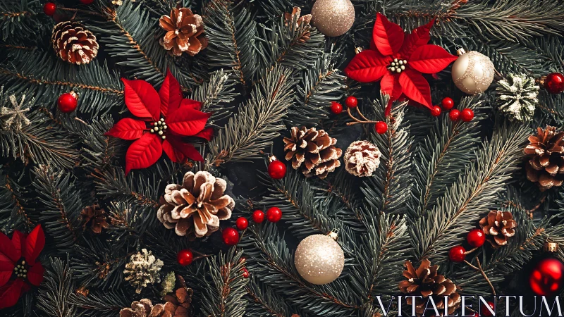 Festive pine branches glow with poinsettias and ornaments