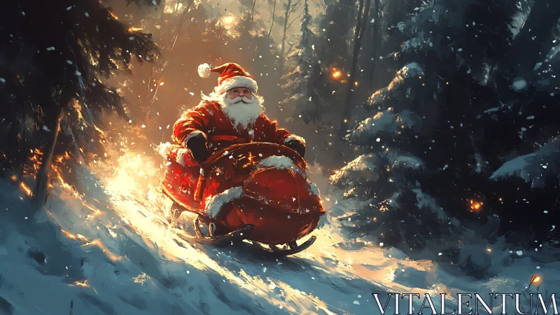 Santa’s joyful snowmobile dash through a glowing forest.