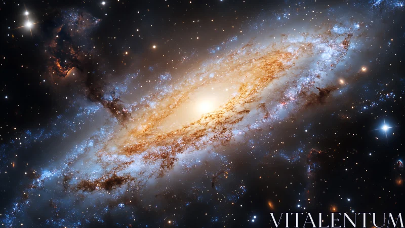 Starlit spiral galaxy swirling in golden and sapphire dust.