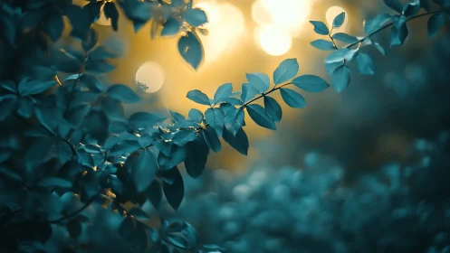 Backlit teal foliage frames defocused golden bokeh field
