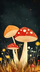 Starlit forest mushrooms glowing in a whimsical night meadow.