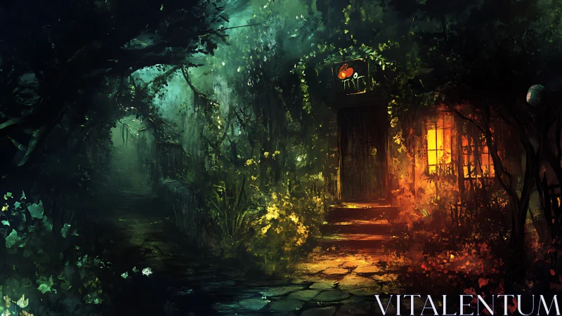 Forest path and illuminated cottage entrance at night.