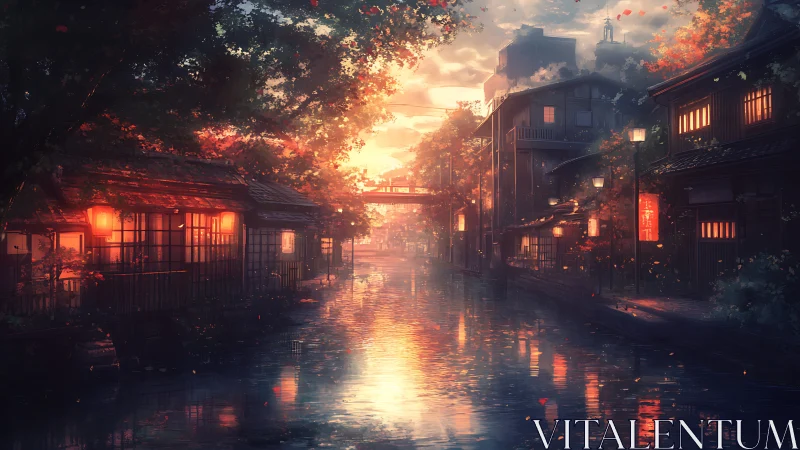 Canal-side street scene is illuminated by lantern reflections