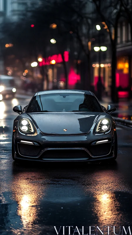 Midnight rain runner, sleek sports car on neon city streets.