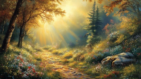 Sunlit woodland path where wildflowers whisper in gold.