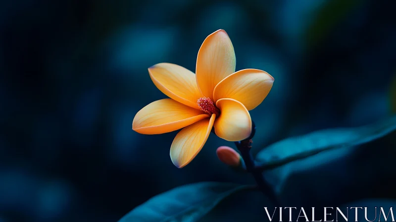 Orange Frangipani Flower with Petals Illuminated Against Dark Bokeh Background