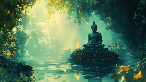 Buddha statue on misted forest pool with volumetric light rays.