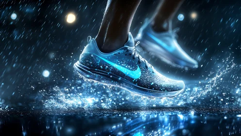 Electric night run splashes with glowing blue sneakers.