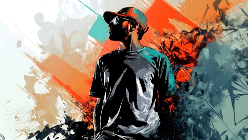 Urban figure in cap amid bold abstract color field.