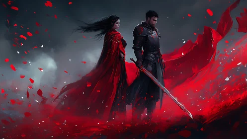 Crimson oathkeepers amid stormborn petals of war.