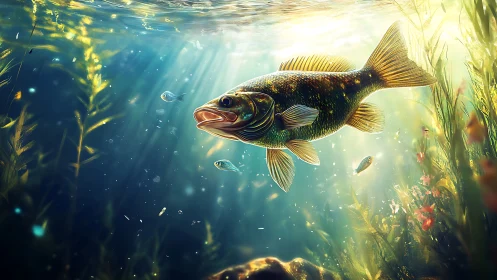 Sunlit bass swims through luminous freshwater vegetation