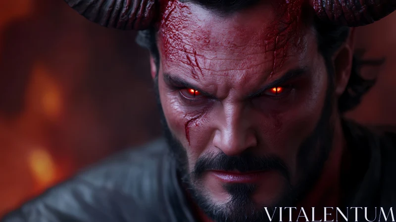 Demonic warrior&rsquo;s burning gaze cuts through infernal gloom