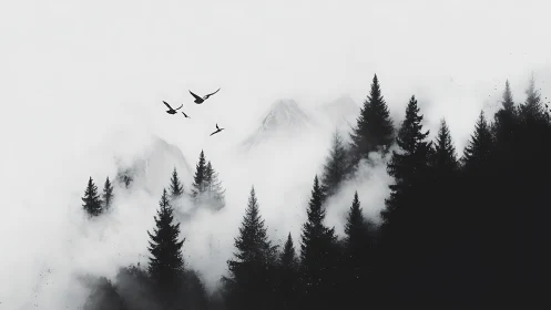 Monochrome conifer forest silhouettes in dense alpine fog.