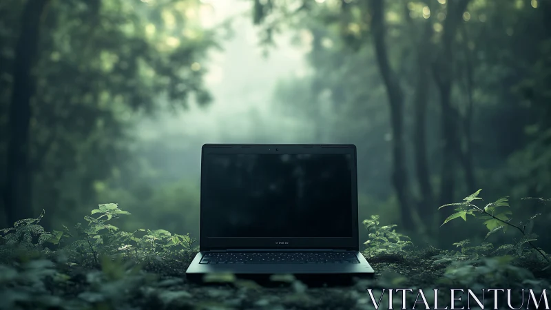 Laptop sits closed on mossy forest log under soft fog light