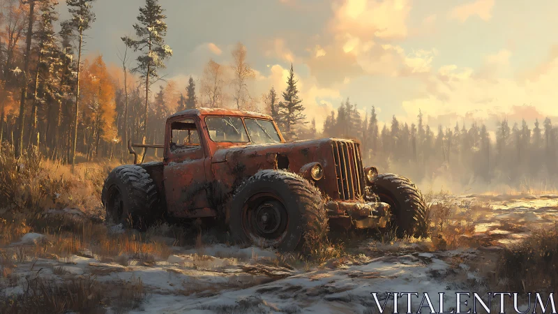 Rusty off-road truck under golden winter forest light.