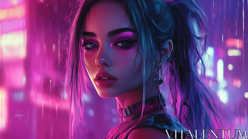 Neon rain rebel girl gazing through electric midnight haze.