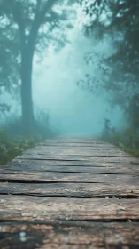 Wooden Bridge Through Misty Forest Path.