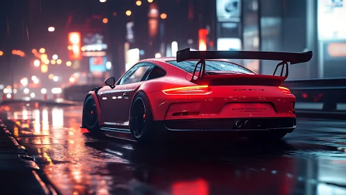 Neon drenched red supercar hunting the midnight rainstorm.