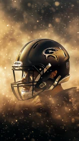 Bold football player stands ready under glowing stadium lights