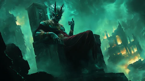 Digital painting of a demonic monarch enthroned in ruins.