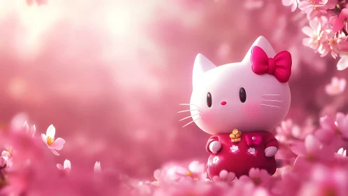 Chibi cat figurine in shallow-focus sakura bloom field.