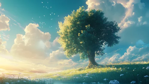 Majestic Lone Tree on Sunny Meadow, Dreamlike Digital Art Scene.