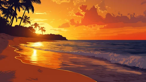 Digital painting of tropical shoreline at luminous sunset glow.