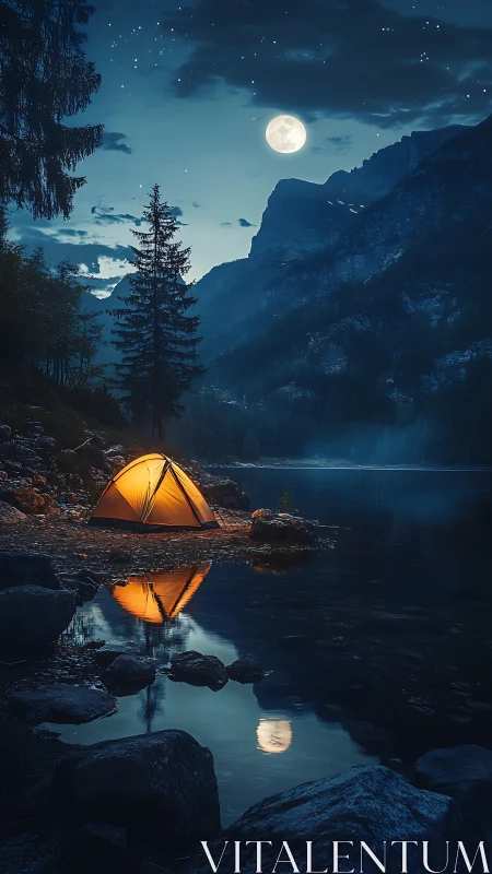 Luminous lakeside tent under moonlit alpine atmospheric gradient.