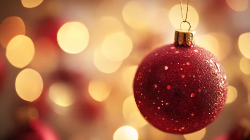 Glistening red bauble drifting in honeyed holiday bokeh glow.
