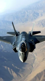 Stealth fighter jet cuts over sunlit desert mountain range.